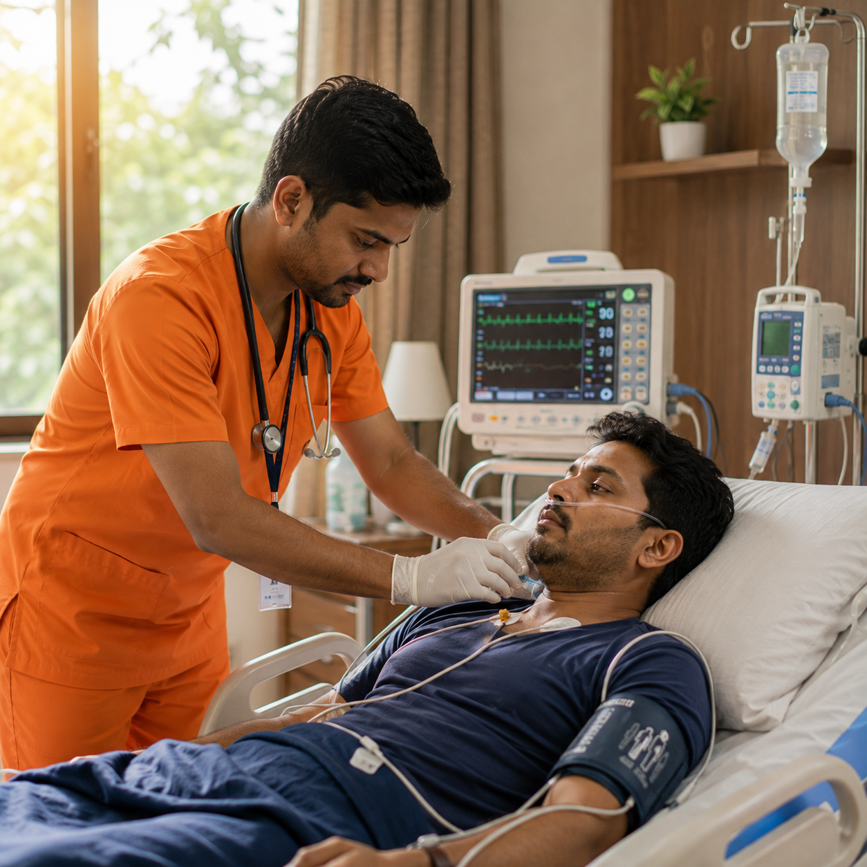Emergency nurse providing bedside care